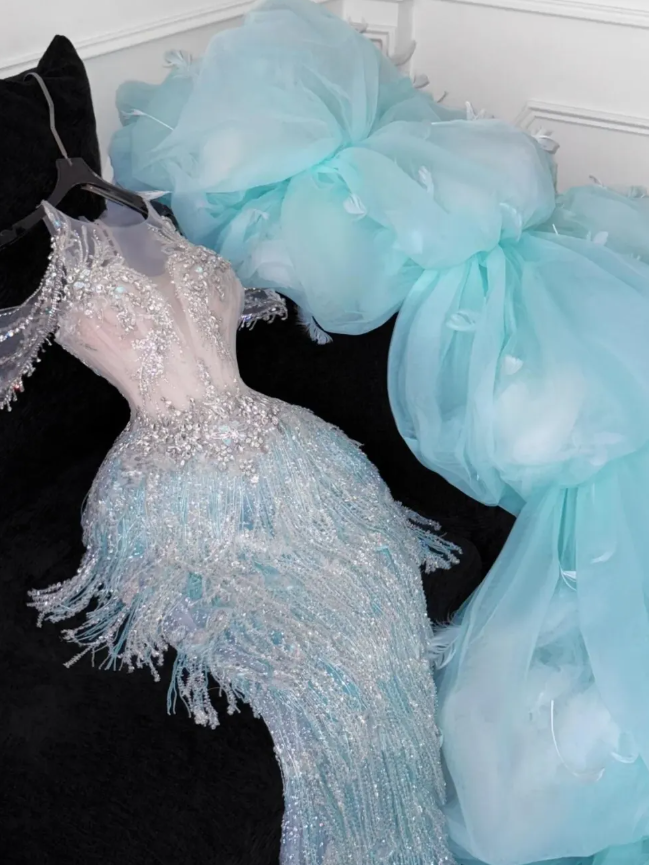 Gorgeous Exquisite Mermaid Beaded Blue Tulle Prom Dress Evening Dress Party Dress SH3618