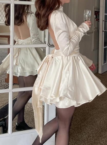 Sexy A Line Long Sleeve V Neck Ivory Satin Open Back Homecoming Dress Birthday Dress SH4870