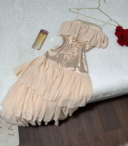 Cute A Line Strapless Tiered Beige Chiffon Satin Short Evening Dress Homecoming Dress SH2707