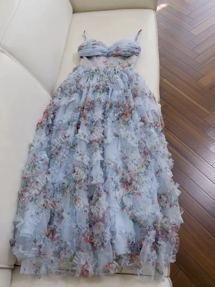 Unique Spaghetti Straps Tulle Floral Prom Dresse Tulle Evening Dress  SH1428