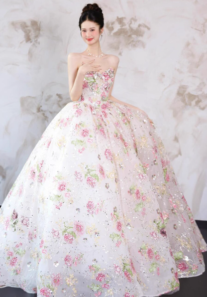 Exquisite Ball Gown Strapless Embroidery Floral Tulle Prom Dress 16th Birthday Dress SH4054