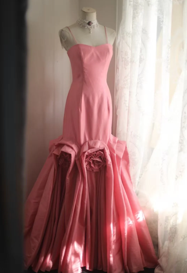 Elegant Spaghetti Straps Pink Satin Pleated Floral Mermaid Long Party Dress Birthday Evening Gown D2210
