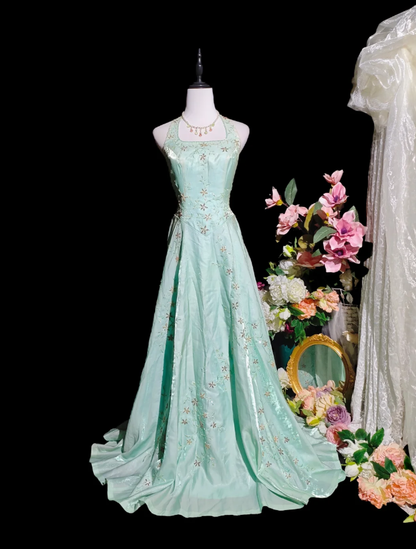Chic Mint Green Halter Satin Tulle Embroidery Beaded Long Party Dress Evening Gown D2364