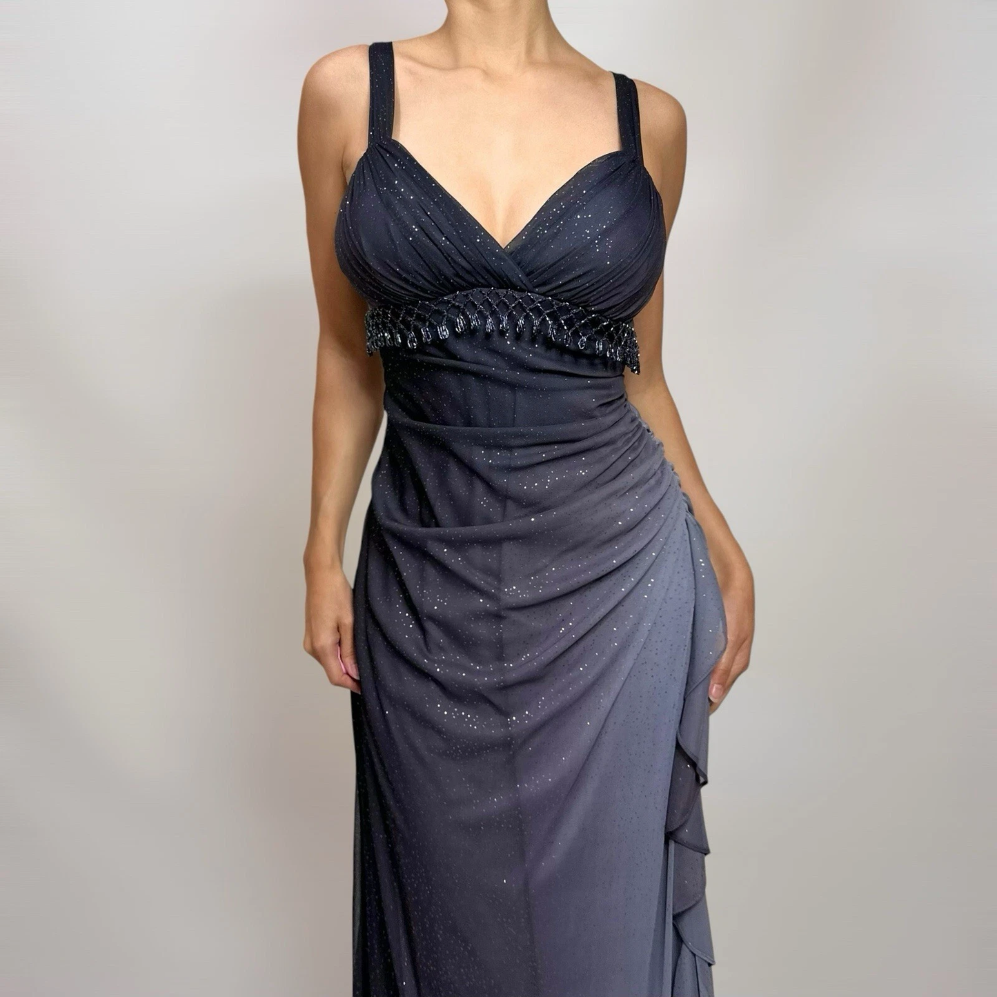 Charming A Line Spaghetti Strap Beaded Navy Blue Ombre Chiffon Party Dress Evening Dress SH2794