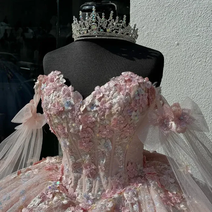 Pretty Pink Off The Shoulder Tulle Lace Appliques Quinceanera Dress Sweet 16 Dress With Bow D1047