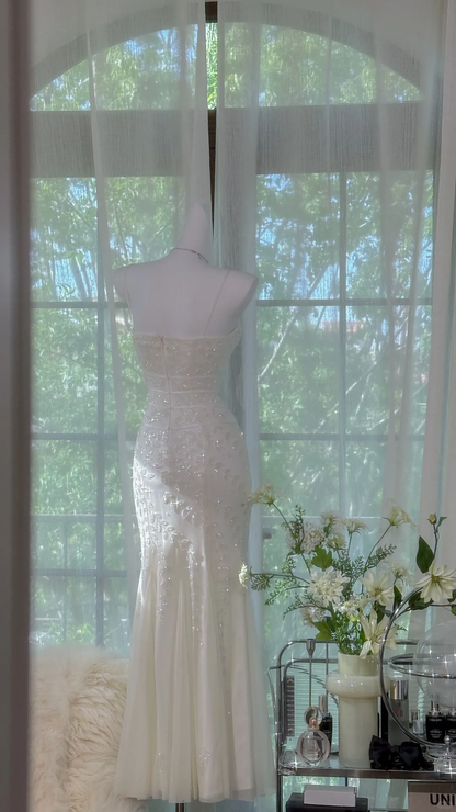 Gentle Mermaid Spaghetti Strap Beaded  White Chiffon Long Prom Dress Evening Dress SH2984
