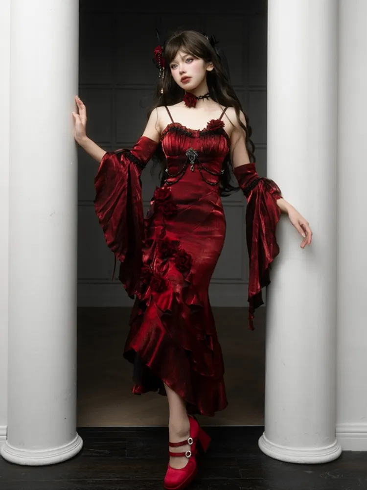 Vintage High Low Spaghetti Straps Floor Length Burgundy Flowers Prom Dresses Birthday Dress SD463