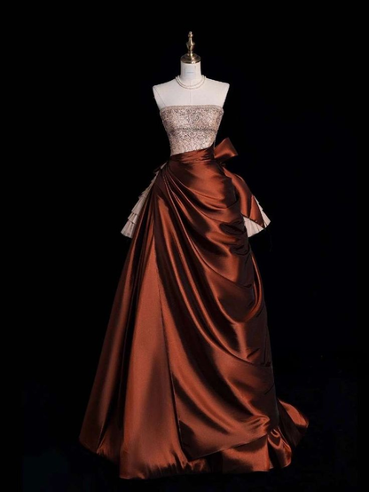 Vintage Strapless Satin Beaded  A Line Evening Dress Prom Gown S194
