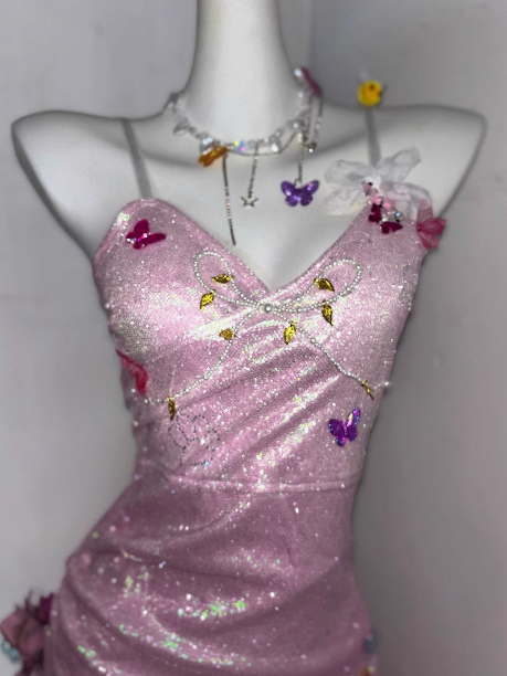 Sparkly Light Pink Butterfly Sequin Ruffles 8th Grade Homecoming Dress 18th Birthday Dress S616