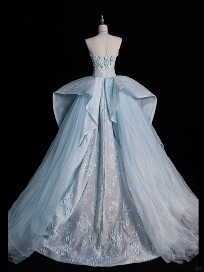 Cute A Line Straps Sky Blue Satin Tulle Long Evening Dresses Party Dresses SH2673