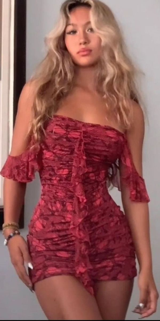 Vintage Off The Shoulder Burgundy Chiffon Printed Floral Short Party Dress Formal Homecoming Dress D394