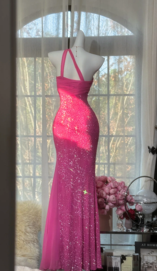 Sparkly One Shoulder Pink Chiffon Sequin Beaded Mermaid Long Evening Dress Formal Party Dress Birthday Prom Gown D2094