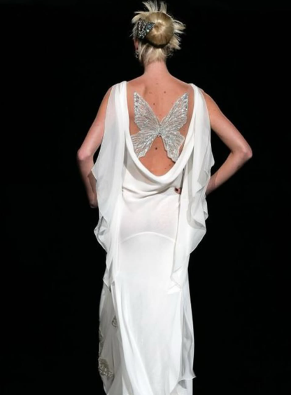 Elegant White Mermaid V Neck Butterfly Embroidery Beaded Chiffon Prom Dress Evening Dress SH3819