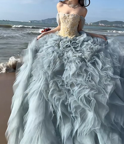 Dreamy Blue Ball Gown Off the Shoulder Beaded Tulle Prom Dress 16th Birthday Dress SH5028