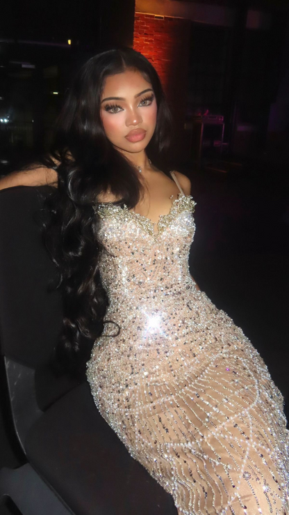 Gorgeous Spaghetti Straps Champagne Sequin Beaded Mermaid Prom Dress Long Evening Gown D1058