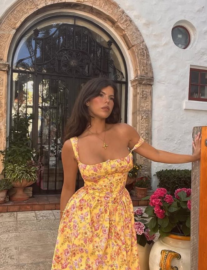 Cute A Line Spaghetti Strap Print Floral Yellow Satin  Prom Dress Vacation Dress SH4570
