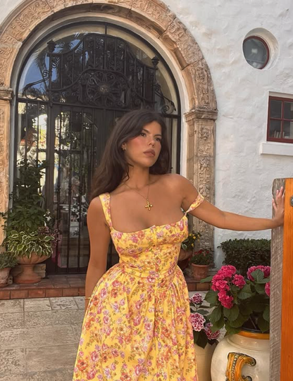 Cute A Line Spaghetti Strap Print Floral Yellow Satin  Prom Dress Vacation Dress SH4570