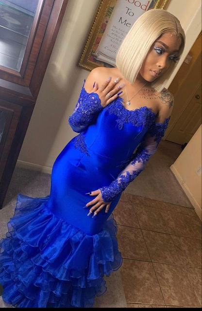 Royal Blue Satin Applique Layered Tulle Mermaid Prom Dress With Long Sleeves Gloves SH925