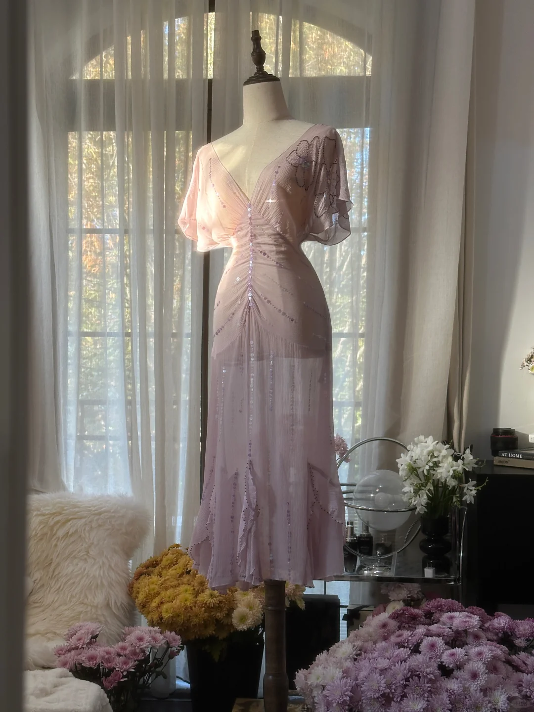 Gentle A Line V Neck Sequin Chiffon Party Dress Wedding Guest Dress SH2963