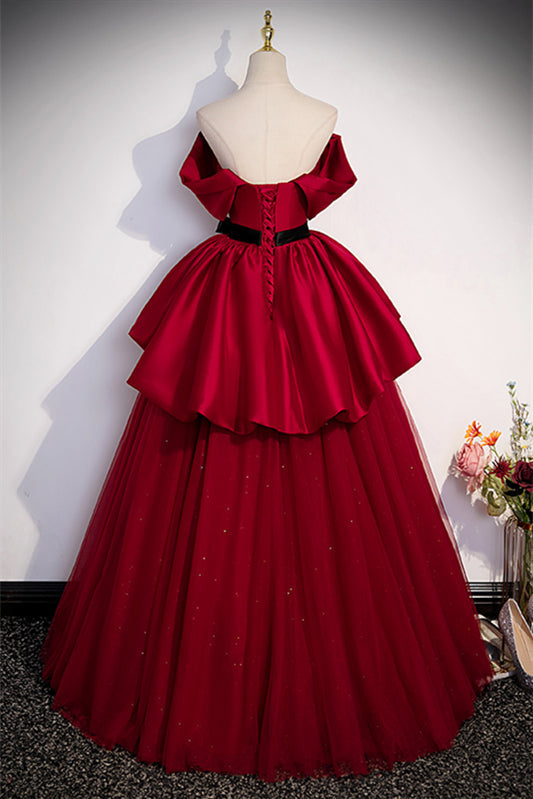 Red Off-Shoulder Empire Sparkly Tulle A-Line Prom Dress