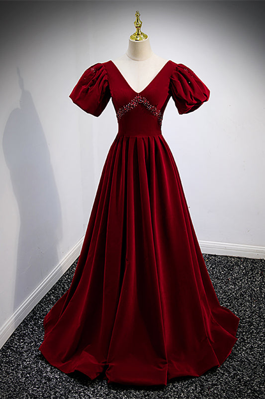 Velvet V-Neck Short Sleeves A-Line Beaded Prom Dress