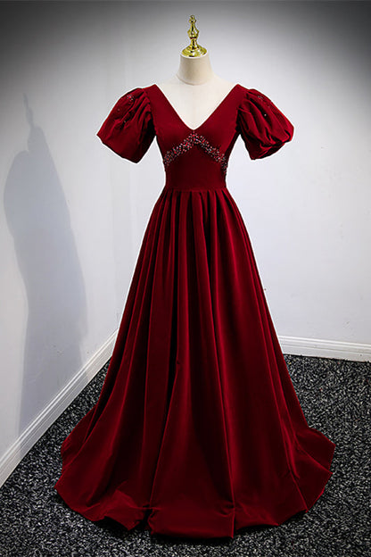 Velvet V-Neck Short Sleeves A-Line Beaded Prom Dress