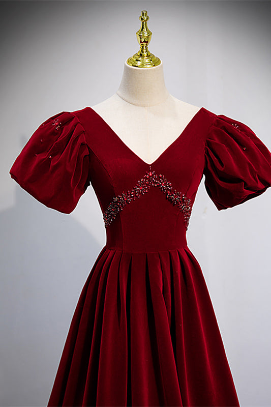 Velvet V-Neck Short Sleeves A-Line Beaded Prom Dress
