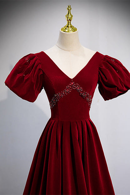 Velvet V-Neck Short Sleeves A-Line Beaded Prom Dress