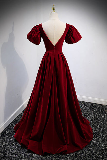 Velvet V-Neck Short Sleeves A-Line Beaded Prom Dress