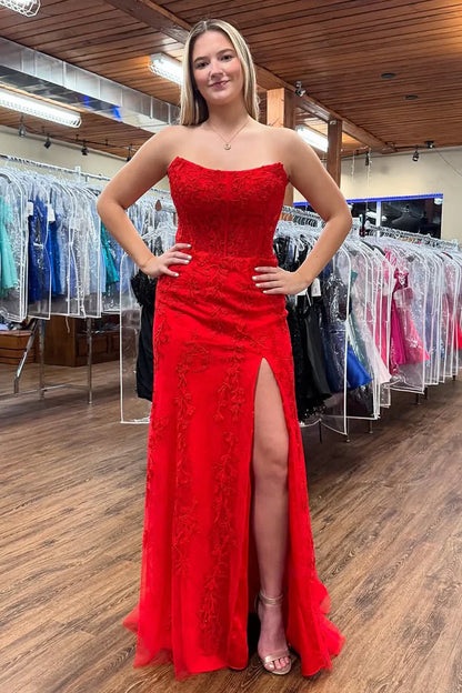Red Bateau Strapless Empire Lace Appliques Party Prom Dress With Slit