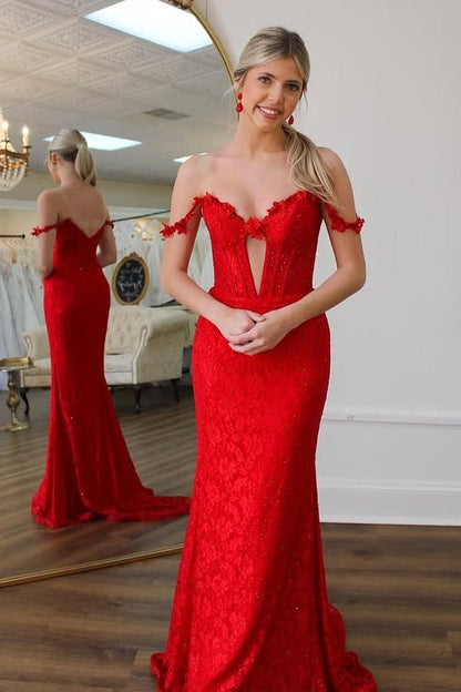 Red Lace Mermaid Off-Shoulder Long Party Prom Dress