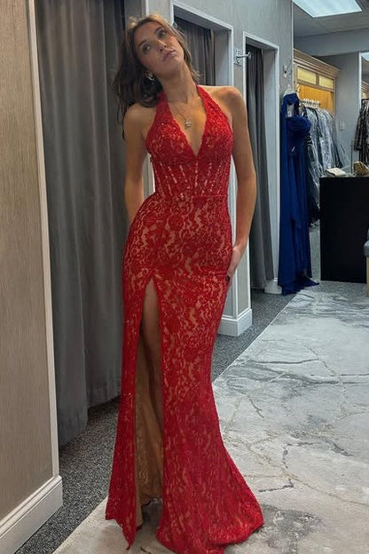 Red Lace Mermaid V-Neck Backless Party Prom Dress With Slit