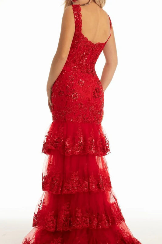 Red Lace Sweetheart Straps Tiered Party Prom Dress With Slit