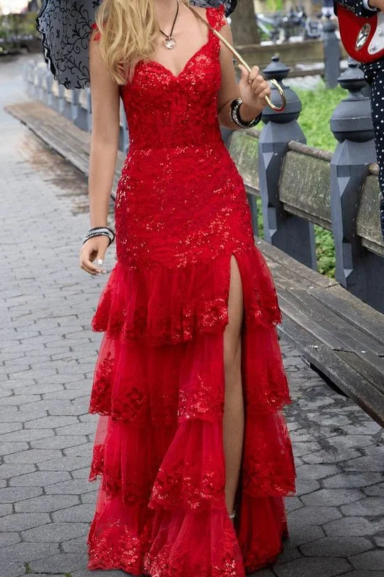 Red Lace Sweetheart Straps Tiered Party Prom Dress With Slit