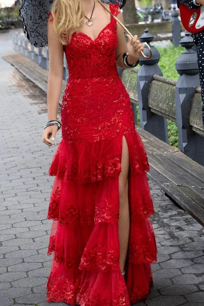 Red Lace Sweetheart Straps Tiered Party Prom Dress With Slit