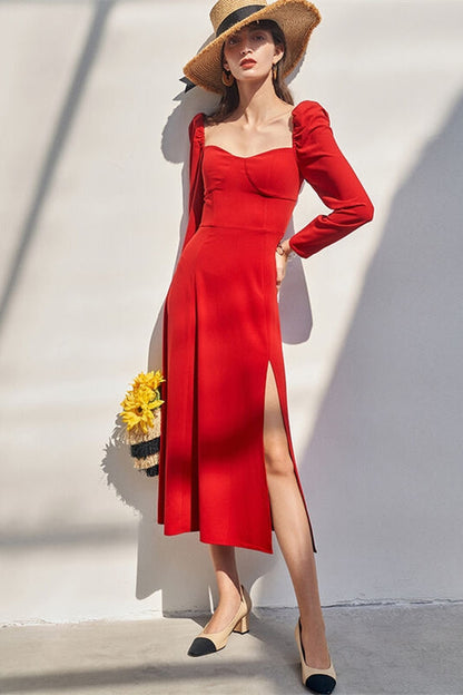 Red Long Sleeves Midi Dress