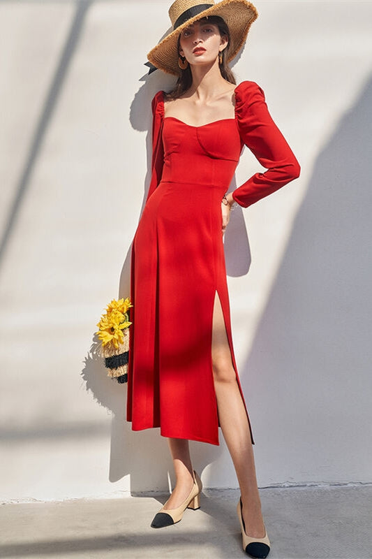 Red Long Sleeves Midi Dress