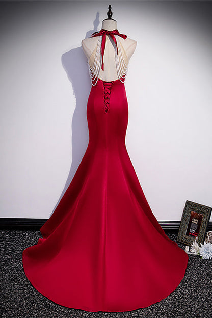 High Neck Sleeveless Satin Mermaid Party Prom Dress