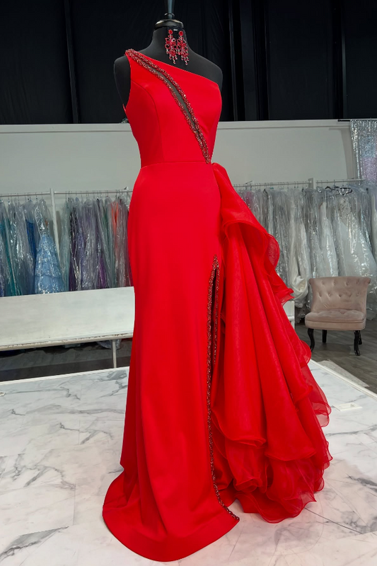 Red One Shoulder Sleeveless Beaded Prom Party Dress