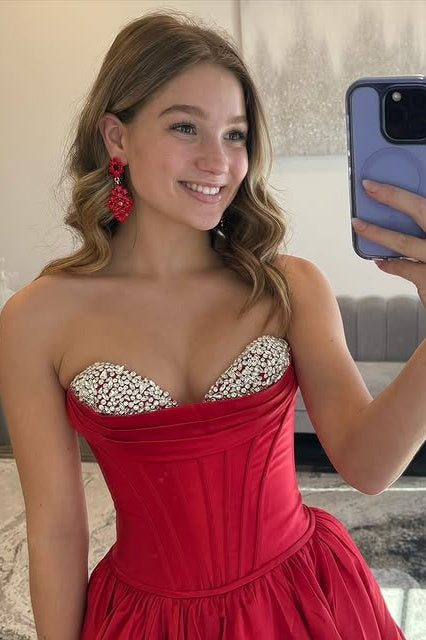 Red Satin A-Line Beaded Strapless Long Prom Dress With Pockets