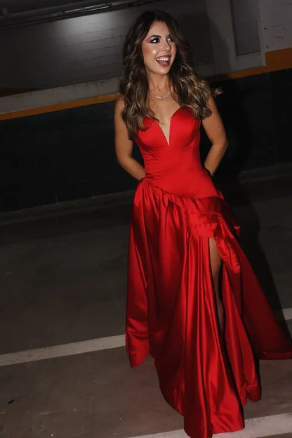Red Satin A-Line Sweetheart Sleeveless Party Prom Dress