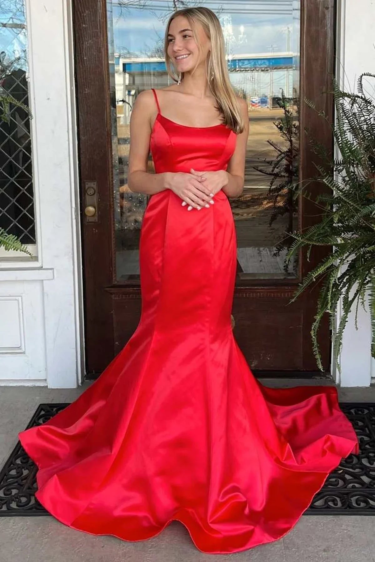Red Satin Bateau Backless Mermaid Party Prom Dress With Train