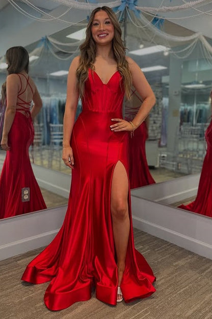 Red Sleeveless Lace Up Mermaid Party Prom Dress With Slit
