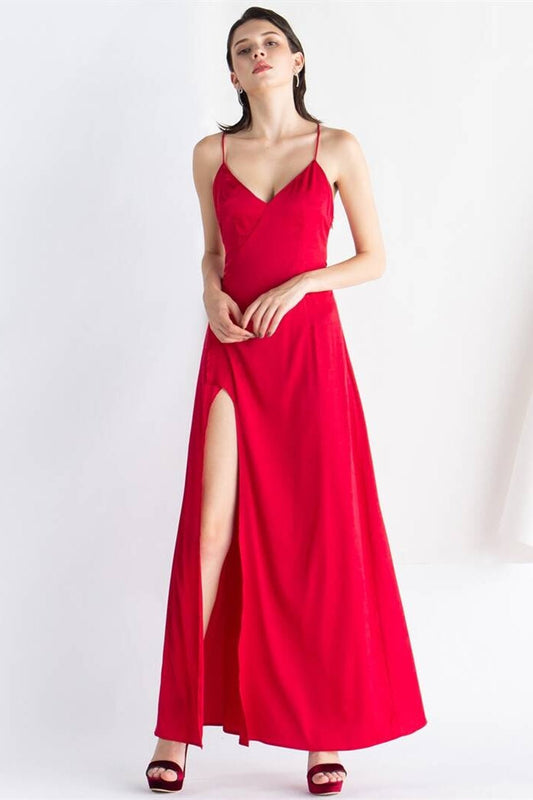 Red Straps Long Slip Dress