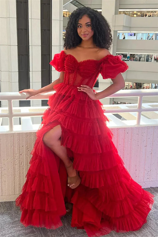 Red Sweetheart Short Sleeves Tulle A-Line Tiered Party Prom Dress