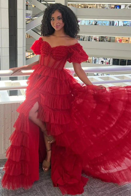 Red Sweetheart Short Sleeves Tulle A-Line Tiered Party Prom Dress