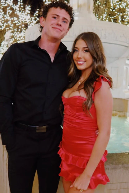 Red Sweetheart Sleeveless Satin Empire Ruffle Mini Homecoming Dress