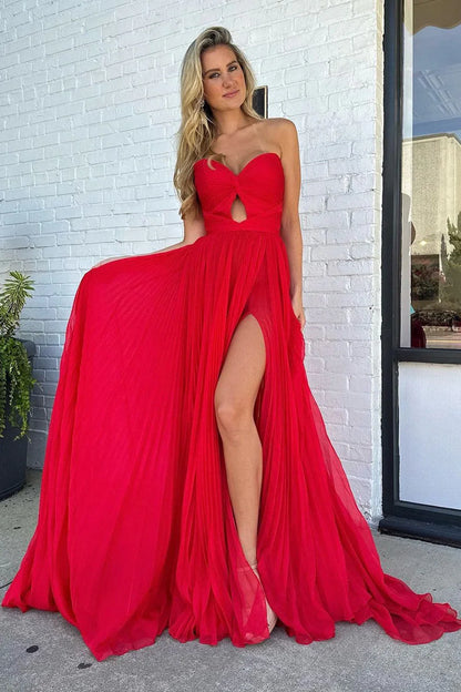 Red Sweetheart Strapless Chiffon A-Line Empire Party Prom Dress