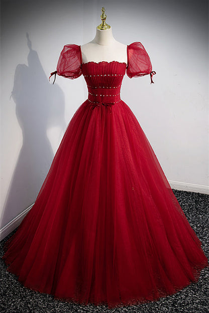 Sparklt Tulle A-Line Short Sleeves Long Formal Prom Dress