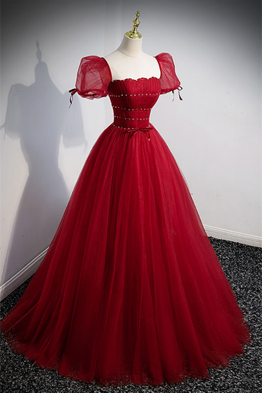 Sparklt Tulle A-Line Short Sleeves Long Formal Prom Dress